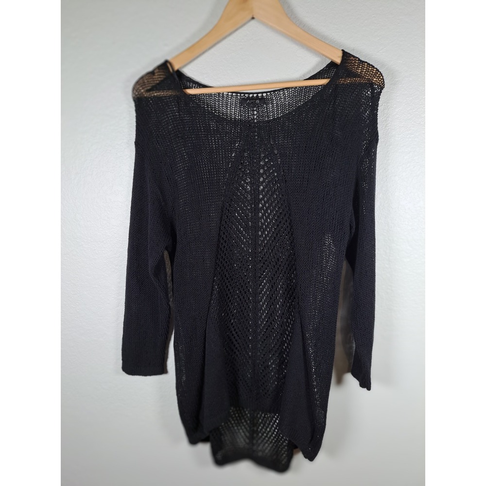 Apt. 9 Black Open Knit Pointelle Sweater Womens Large 3/4 Sleeve Scoop Neck